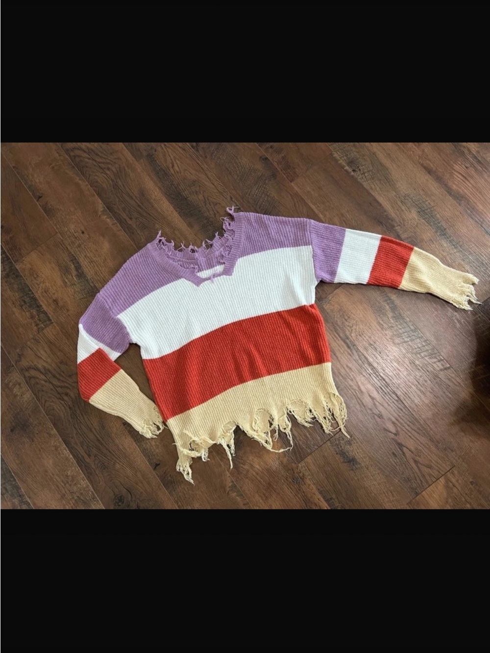 SHEIN Lavender White Red Tan Striped Distressed Crew Sweater